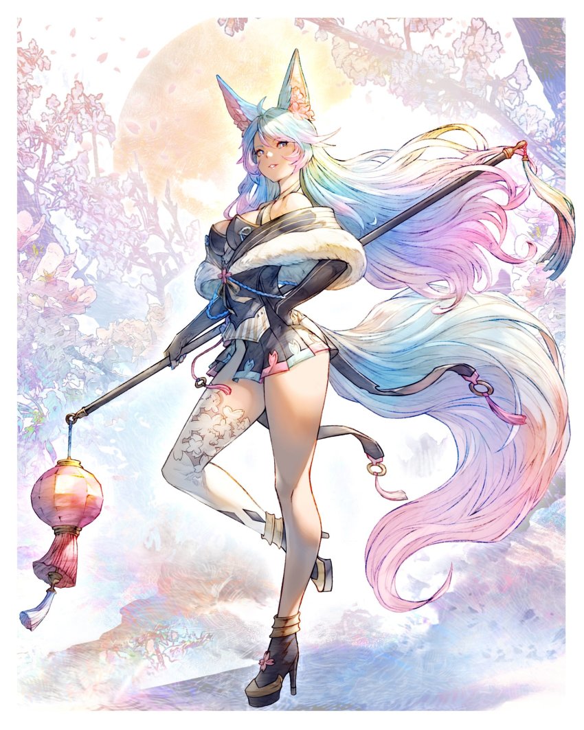 1girl, ahoge, animal_ear_fluff, animal_ears, bare_shoulders, black_dress, black_footwear, black_gloves, blue_eyes, blue_hair, border, commentary, dress, elbow_gloves, falling_petals, fingerless_gloves, floating_hair, fox_ears, fox_girl, fox_tail, from_side, full_body, fur-trimmed_dress, fur_trim, gloves, gradient_hair, hand_on_own_hip, high_heels, highres, lantern, leg_up, long_hair, looking_at_viewer, multicolored_hair, off-shoulder_dress, off_shoulder, paper_lantern, parted_lips, petals, pink_hair, rainbow_hair, shukei, silvervale, single_thighhigh, smile, solo, standing, standing_on_one_leg, sun, untranslatable_commentary, tail, tassel, thighhighs, tree, virtual_youtuber, vshojo, white_border, white_thighhighs