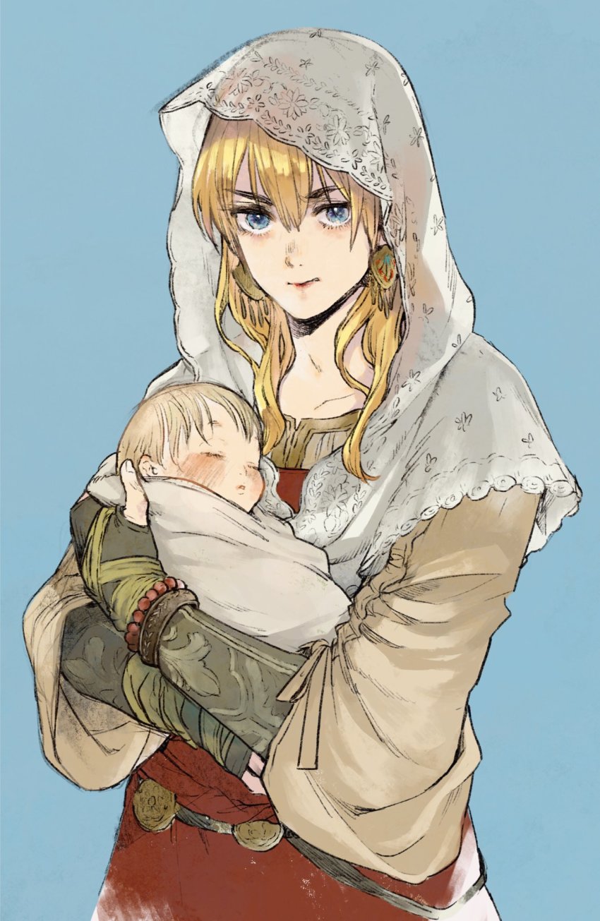 2boys, baby, blonde_hair, blue_eyes, closed_mouth, earrings, father_and_child, father_and_son
