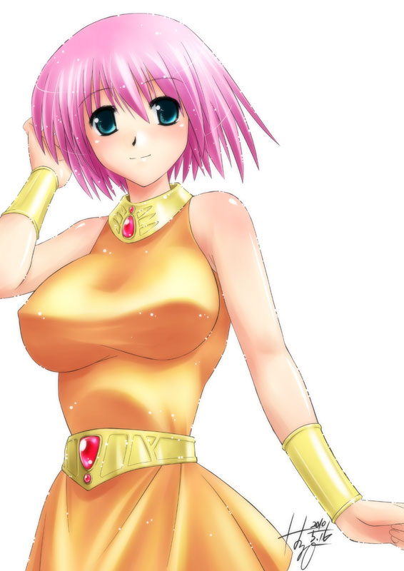 1990s_(style), 1girl, aqua-elf, aqua_elf, bare_shoulders, blue_eyes, breasts, female_focus, final_fantasy, final_fantasy_v, large_breasts, lenna_charlotte_tycoon, pink_hair, retro_artstyle, short_hair, simple_background, solo, white_background, wristband