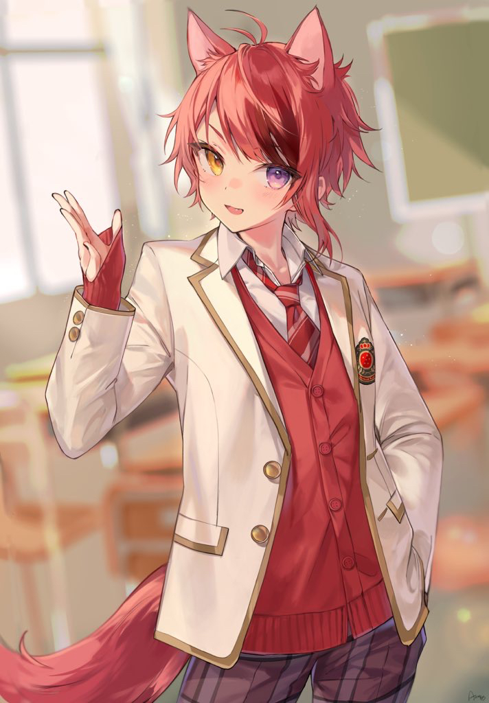 1boy, ahoge, ame929, animal_ears, bad_id, bad_pixiv_id, black_nails, blurry