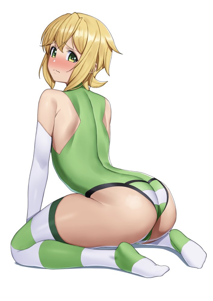 1girl, akatsuki_kirika, ass, blonde_hair, blush, breasts, elbow_gloves, from_behind