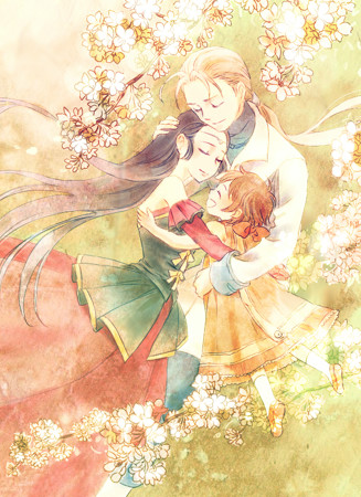 black_hair, blonde_hair, child, closed_eyes, gensou_suikoden, gensou_suikoden_ii, group_hug, happy