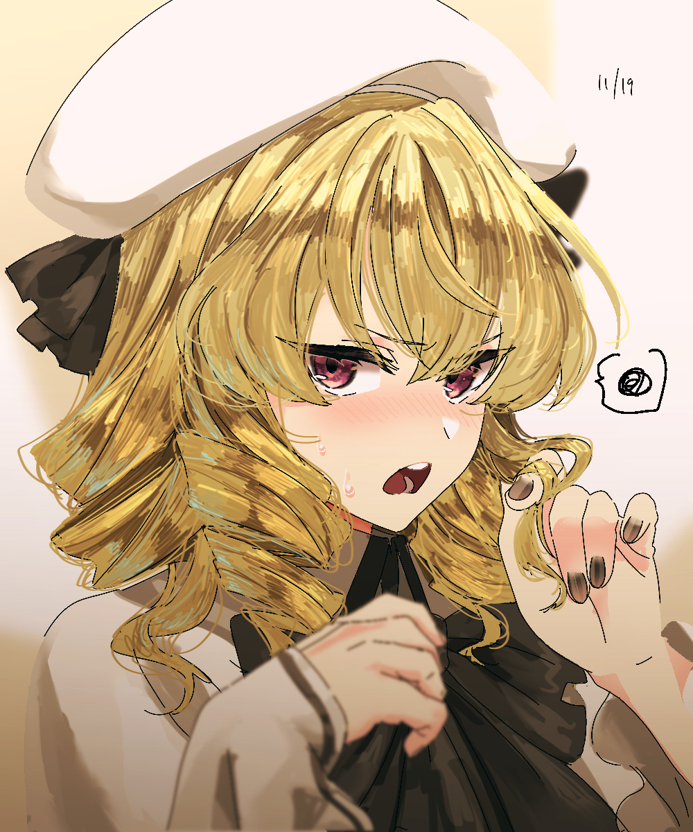 1girl, black_nails, blonde_hair, blush, dated, dress, drill_hair, fairy