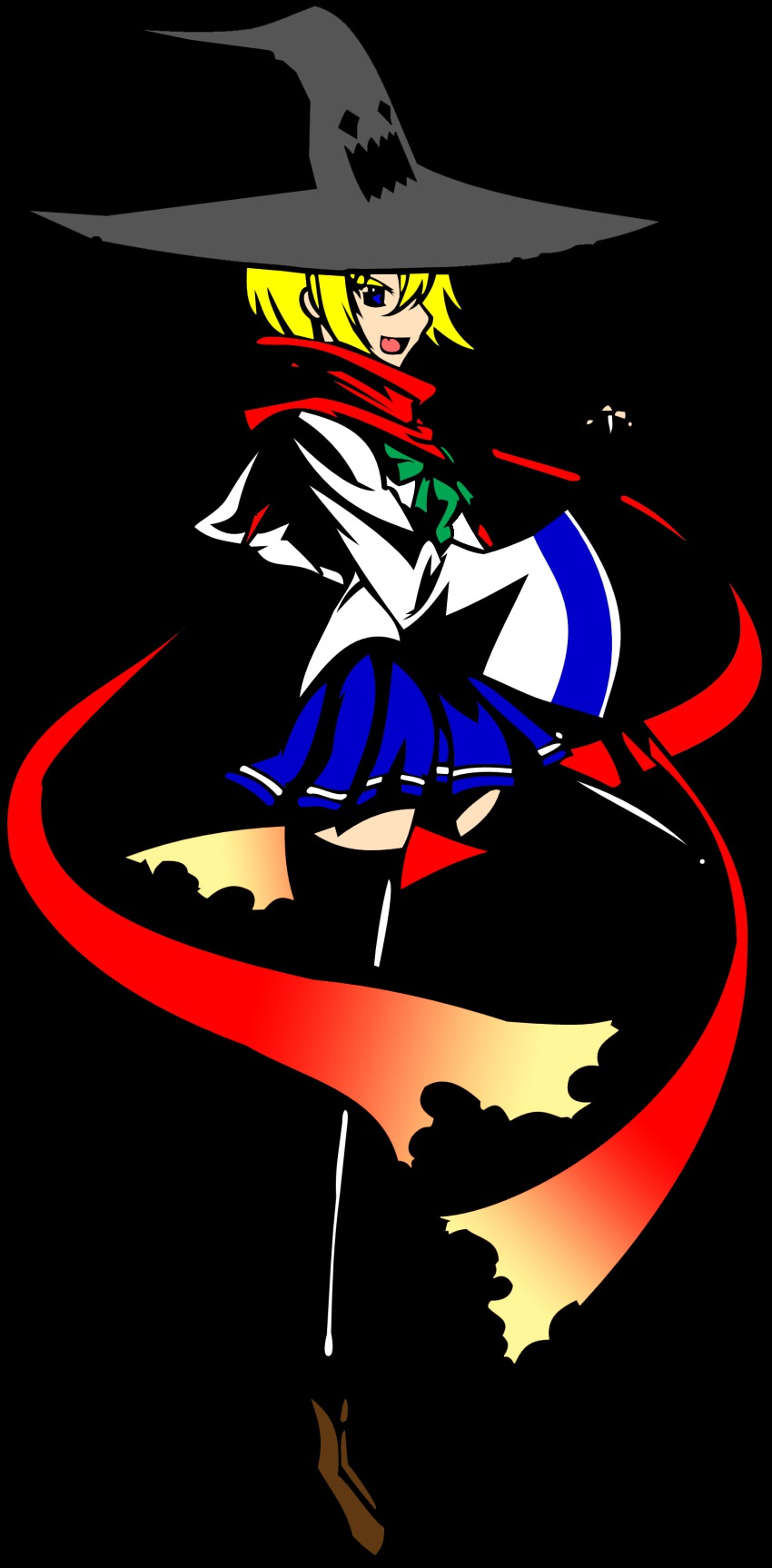 absurdres, black_thighhighs, blonde_hair, blue_eyes, derivative_work, fang, fingerless_gloves, gloves