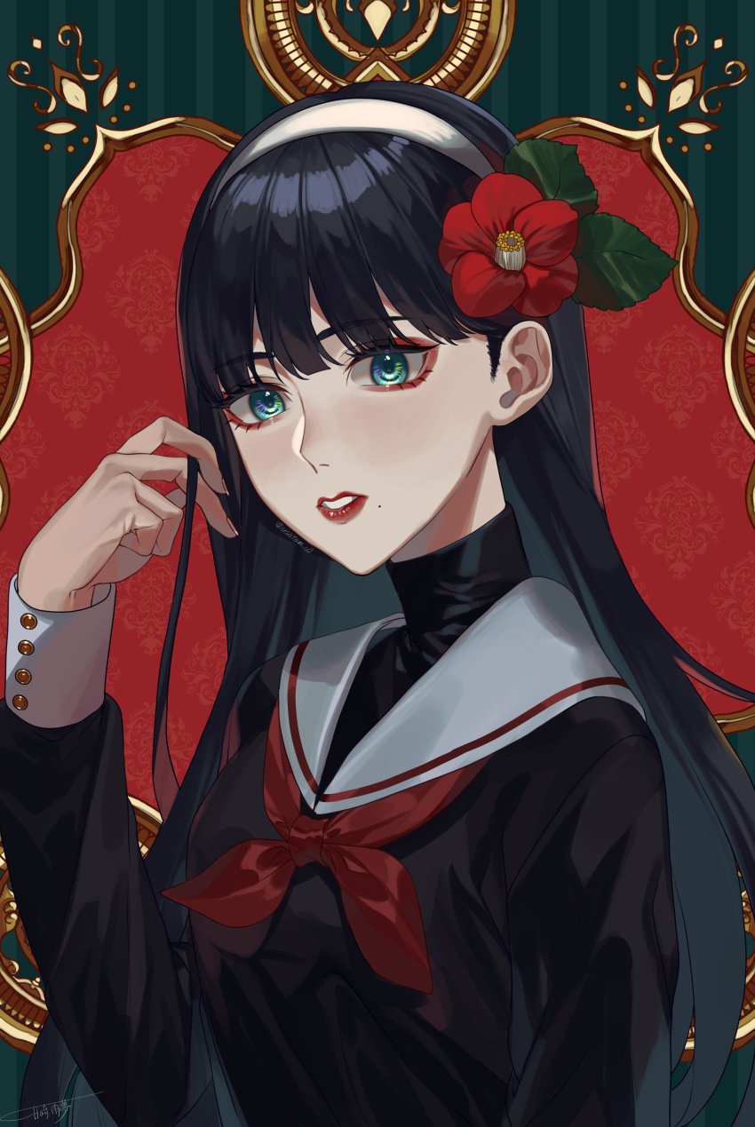 1girl, absurdres, amazaki_umu, aqua_eyes, black_hair, black_serafuku, black_shirt, blunt_bangs, camellia, eyeshadow, flower, framed, green_background, hair_behind_ear, hair_flower, hair_ornament, hairband, hand_in_own_hair, highres, lipstick, long_hair, looking_at_viewer, makeup, mole, mole_under_mouth, multicolored_background, neckerchief, original, parted_lips, patterned_background, red_background, red_eyeshadow, red_flower, red_neckerchief, school_uniform, serafuku, shirt, signature, solo, striped_background, turtleneck, upper_body, white_hairband