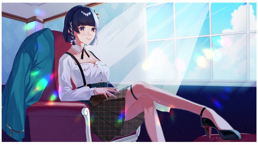 1girl, absurdres, amazaki_umu, ankle_strap, aqua_jacket, armchair, black_footwear, blue_eyes