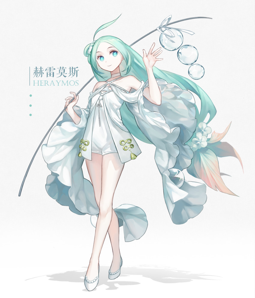 1girl, blue_eyes, character_name, dress, flower, full_body, green_hair, hair_flower, hair_ornament, hand_up, heraymos_(pfsoz), highres, holding, holding_stick, long_hair, pixiv_fantasia, pixiv_fantasia_scepter_of_zeraldia, qingshui_lingxia_(dr-ice), simple_background, smile, solo, standing, stick, very_long_hair, white_background, white_dress, white_footwear, wide_sleeves