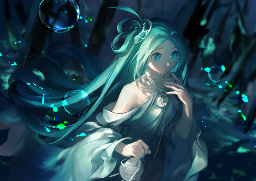 1girl, absurdres, bell, blue_eyes, blurry, blurry_background, bubble, forest, green_hair, hand_up, heraymos_(pfsoz), highres, holding, holding_bell, long_hair, nature, night, outdoors, pixiv_fantasia, pixiv_fantasia_scepter_of_zeraldia, qingshui_lingxia_(dr-ice), solo, standing, very_long_hair, wide_sleeves