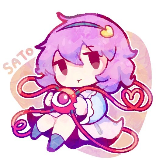 1girl, :t, blouse, blue_shirt, blush_stickers, character_name, chibi, floral_print, frilled_sleeves, frills, hair_ornament, hairband, heart, heart_hair_ornament, ikururu, knees_together_feet_apart, komeiji_satori, long_sleeves, looking_at_viewer, pink_hair, pink_skirt, pout, rose_print, shirt, short_hair, skirt, solo, third_eye, touhou, wide_sleeves