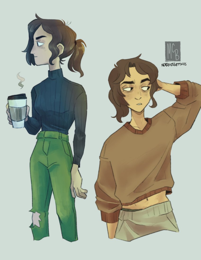 1girl, artist_name, bags_under_eyes, black_sweater, brown_hair, brown_sweater, cropped_legs, cup