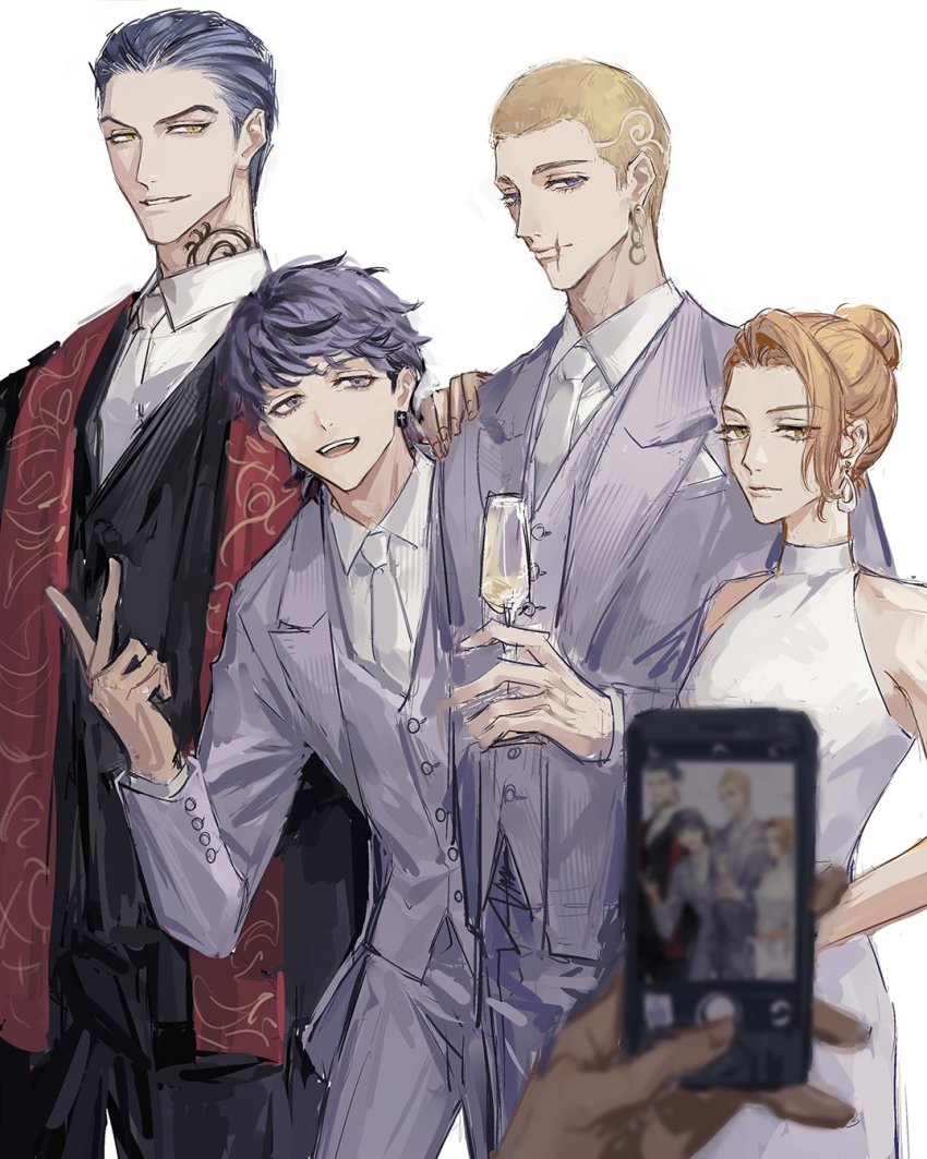 1girl, 1other, 3boys, black_pants, black_suit, black_vest, buzz_cut, cellphone