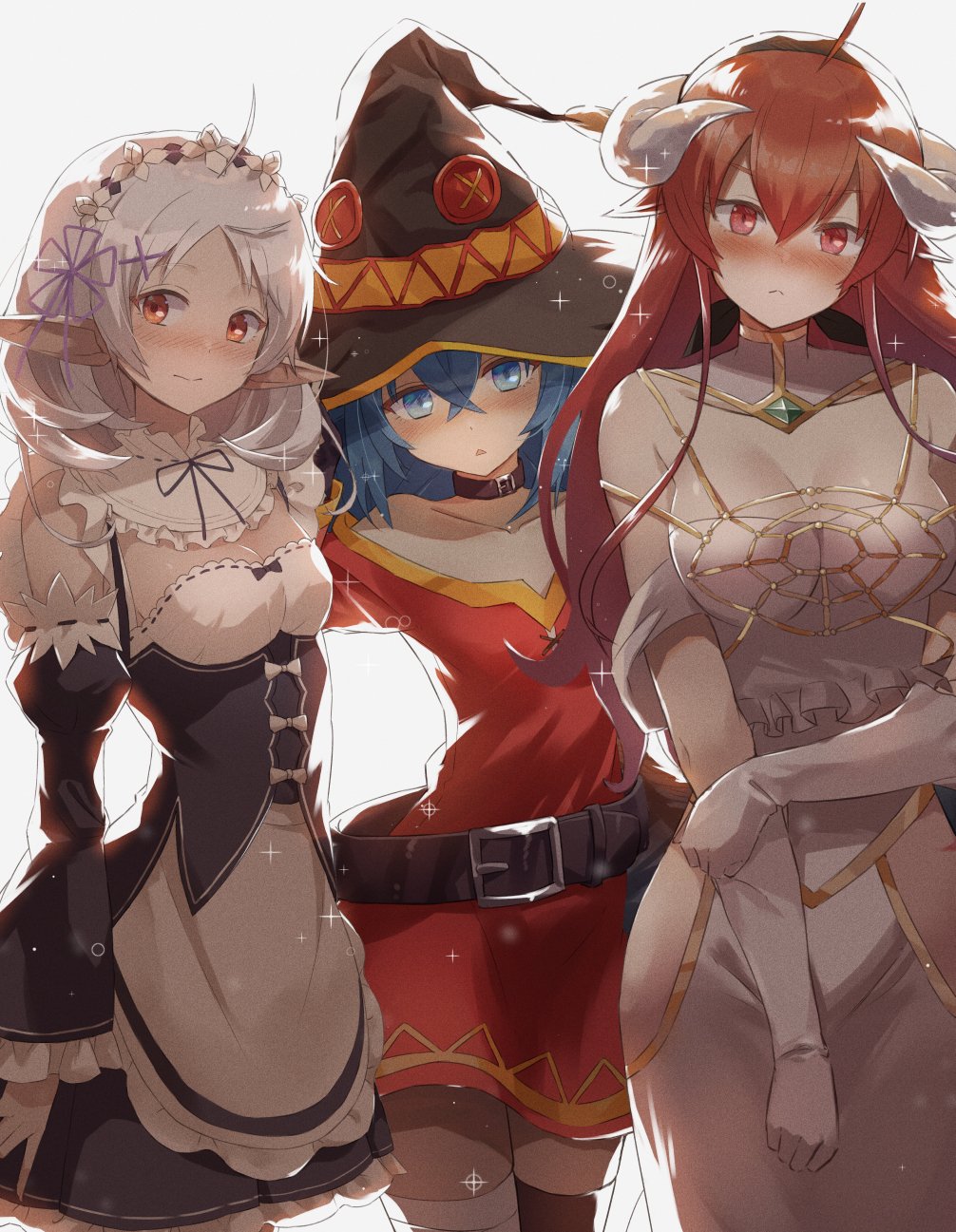 3girls, ahoge, albedo_(overlord), albedo_(overlord)_(cosplay), asymmetrical_legwear, black_hairband, blue_eyes, blue_hair, braid, breasts, cleavage, clothing_cutout, cosplay, crossed_bangs, elf, eris_greyrat, female_focus, forehead, green_hair, hair_between_eyes, hairband, hat, highres, hip_vent, horns, kono_subarashii_sekai_ni_shukufuku_wo!, long_hair, maid, matching_hair/eyes, medium_hair, megumin, megumin_(cosplay), mismatched_legwear, multiple_girls, mushoku_tensei, nakami_chihiro, overlord_(maruyama), pointy_ears, re:zero_kara_hajimeru_isekai_seikatsu, red_eyes, red_hair, rem_(re:zero), rem_(re:zero)_(cosplay), roxy_migurdia, small_breasts, sylphiette_(mushoku_tensei), thick_eyebrows, twin_braids, white_hair, white_horns, witch_hat