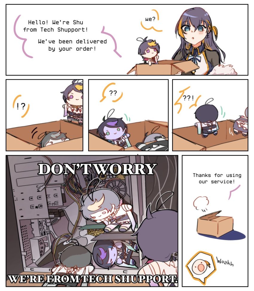 !?, 1girl, ?, ??, blossemku, blue_eyes, box, cable, cardboard_box, character_doll, comic, computer, computer_fan, computer_tower, doll, english_text, highres, long_hair, multiple_boys, multiple_persona, nijisanji, nijisanji_en, open_mouth, petra_gurin, petra_gurin_(2nd_costume), pun, ribbon_cable, shu_yamino, smile, tech_support, virtual_youtuber