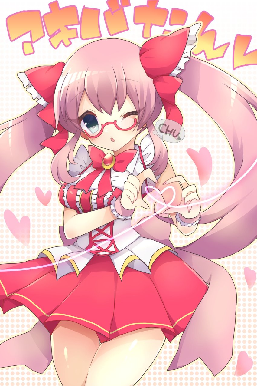 1girl, absurdres, akiba-tan, heart, heart_hands, highres, one_eye_closed, pink_hair