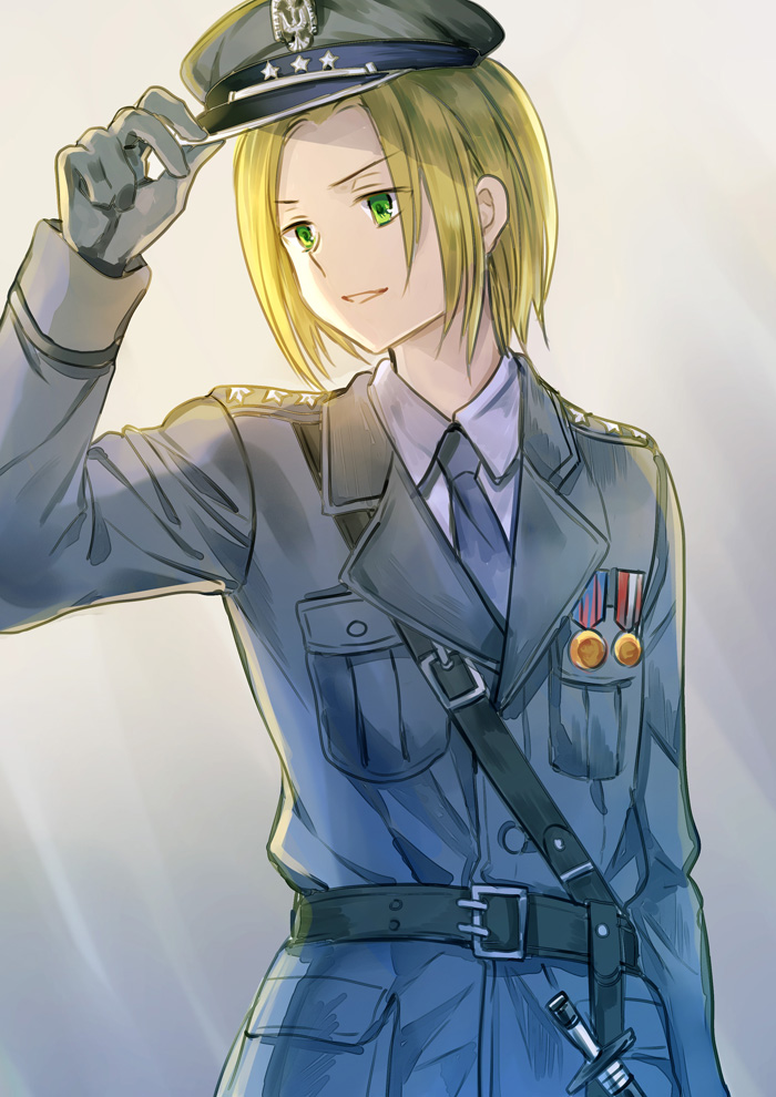 1boy, 1girl, axis_powers_hetalia, belt, black_belt, blonde_hair, collared_shirt, dagger