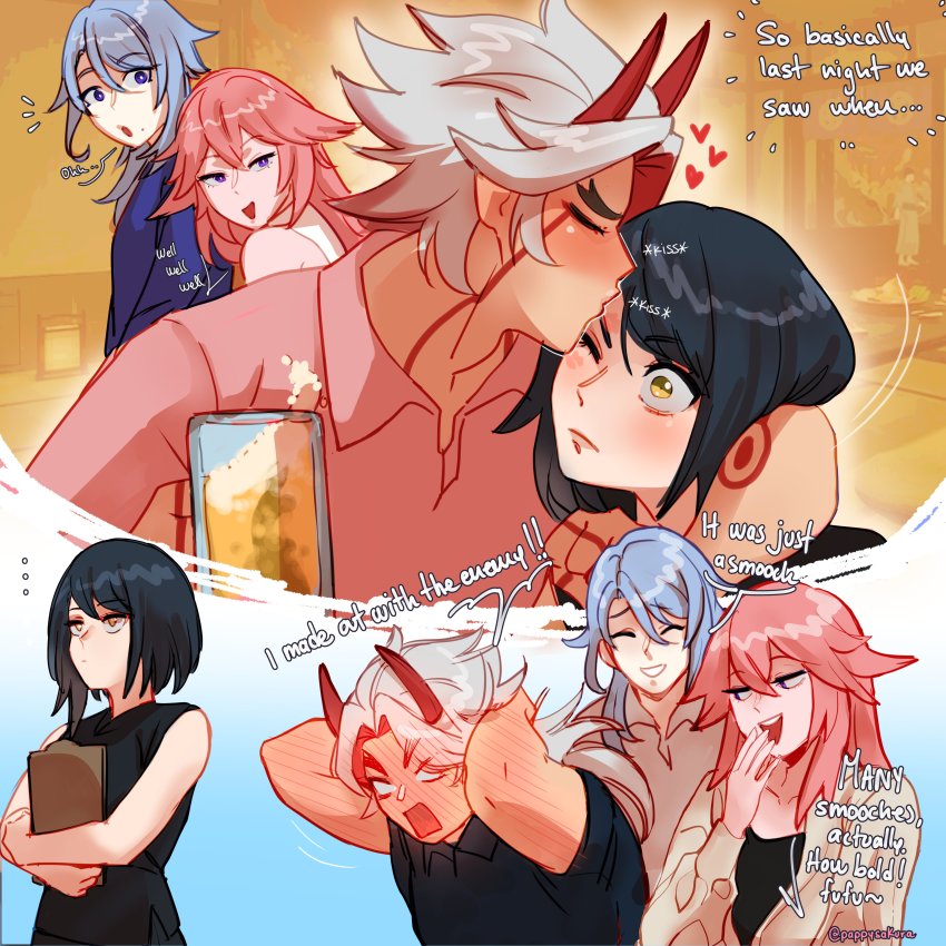 ..., 2boys, 2girls, ^_^, absurdres, alcohol, alternate_costume, arataki_itto