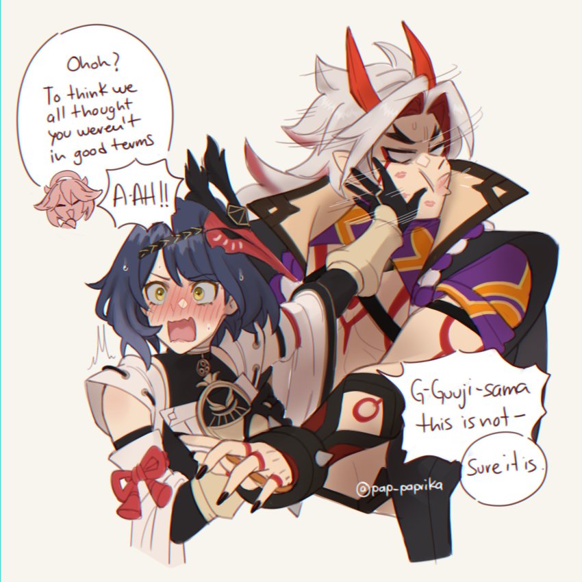 1boy, 2girls, absurdres, arataki_itto, black_gloves, black_nails, black_shirt, black_vest