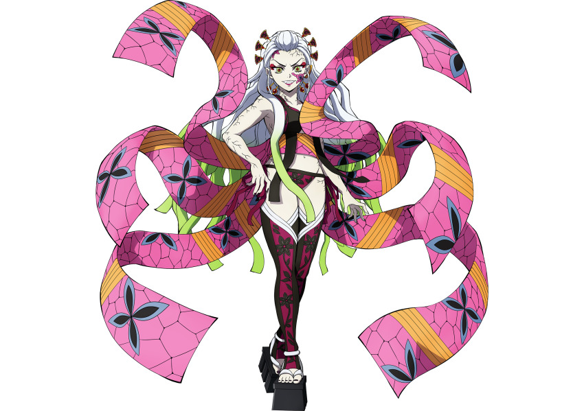 1girl, breasts, censored, daki_(kimetsu_no_yaiba), demon_girl, fangs, female_focus, full_body