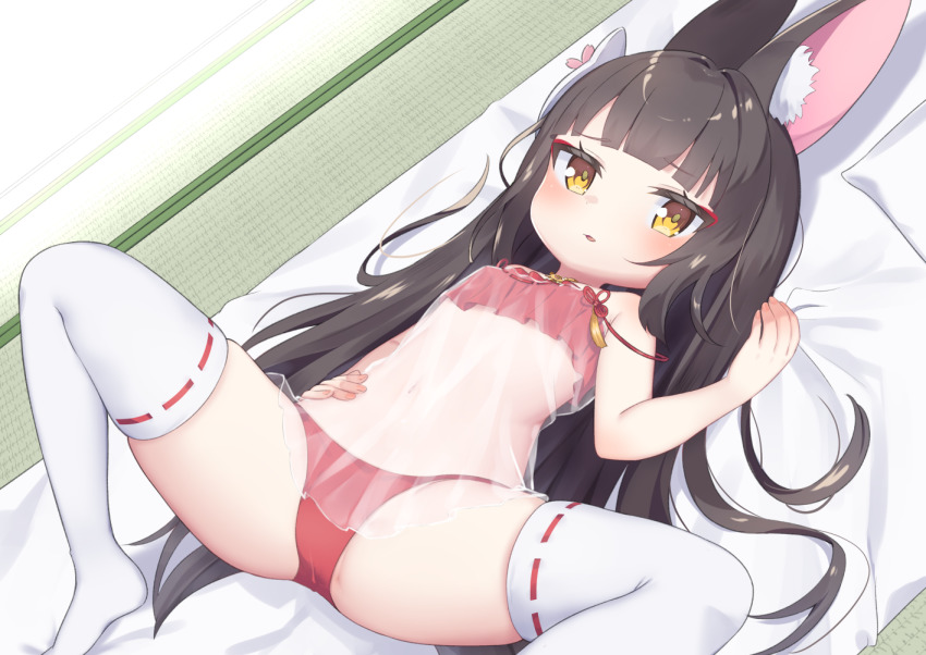 1girl, animal_ear_fluff, animal_ears, azur_lane, bare_arms, bare_shoulders, black_hair, blush