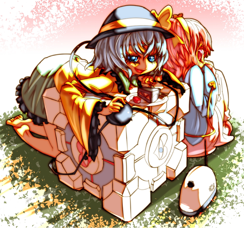 2girls, barefoot, cake, crossover, female_focus, fifiruu, food, komeiji_koishi