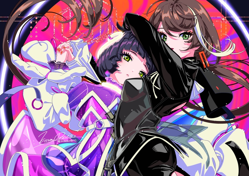 2girls, absurdres, aru_(sinsekai), asu_(sinsekai), belt, black_hair, blush, breasts