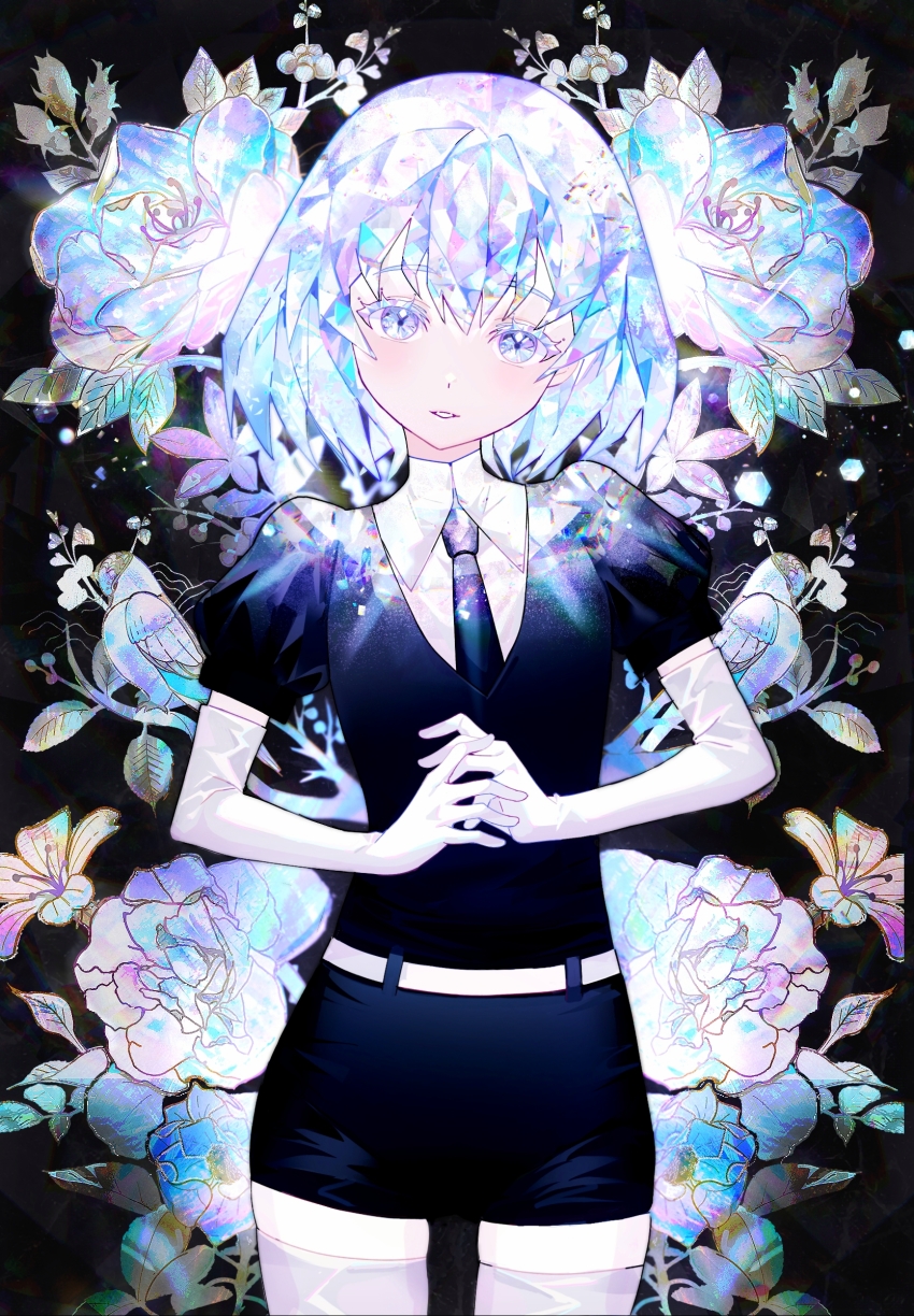 1other, absurdres, androgynous, crystal_hair, diamond_(houseki_no_kuni), elbow_gloves, flower, gem, gem_uniform_(houseki_no_kuni), gloves, highres, houseki_no_kuni, leaf, looking_at_viewer, multicolored_hair, necktie, pazzi_(zzxh2354), rainbow_hair, shirt, short_hair, short_sleeves, shorts, smile, solo, sparkle, thighhighs, white_gloves