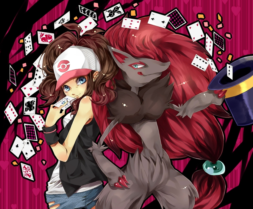 10s, 1girl, ace_(playing_card), ace_of_clubs, ace_of_spades, baseball_cap, blue_eyes, brown_hair