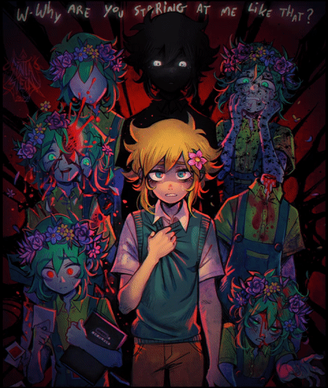 6+boys, animated, animated_gif, basil_(faraway)_(omori), basil_(omori), black_hair, black_skin, blonde_hair, blood, blood_on_clothes, blood_on_face, blue_eyes, blue_overalls, book, brown_shorts, bug, cargo_shorts, closed_mouth, collared_shirt, colored_skin, decapitation, english_text, faceless, faceless_male, flower, food, fruit, glowing, glowing_eyes, green_eyes, green_hair, green_sweater_vest, guro, hair_flower, hair_ornament, head_wreath, holding, holding_book, holding_photo, looking_at_viewer, looking_away, multiple_boys, omori, open_mouth, overall_shorts, overalls, parted_lips, photo_(object), red_eyes, scared, shirt, short_hair, shorts, sintastein, smile, spider, spoilers, stranger_(omori), sweatdrop, sweater_vest, teeth, upper_teeth_only, watermelon, watermelon_slice, white_eyes, white_shirt, white_skin, yellow_shirt