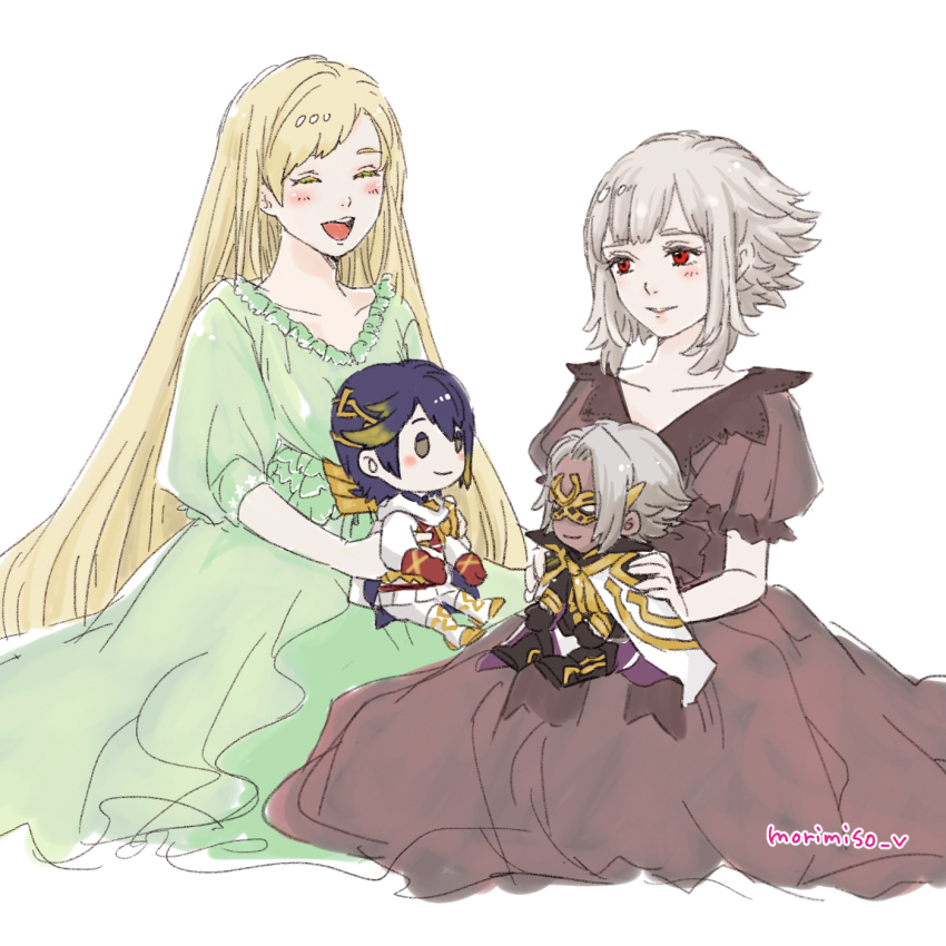 2girls, alfonse_(fire_emblem), blush, bruno_(fire_emblem), character_doll, closed_eyes, collarbone, doll, fire_emblem, fire_emblem_heroes, hair_down, highres, insarability, long_hair, multiple_girls, nintendo, open_mouth, red_eyes, sharena_(fire_emblem), short_hair, sleepwear, smile, teeth, upper_teeth_only, veronica_(fire_emblem), veronica_(princess_rising)_(fire_emblem), very_long_hair, watermark