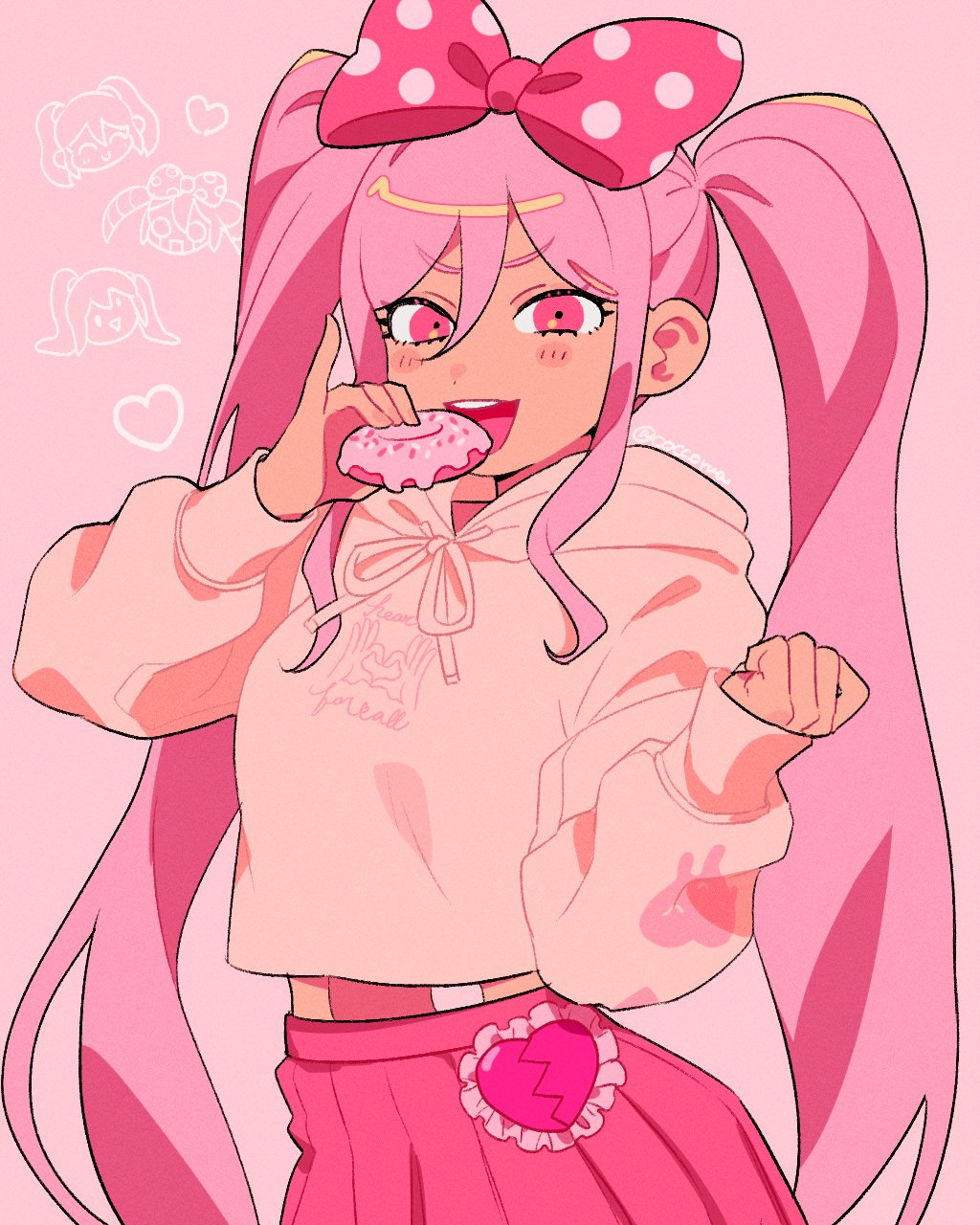 1girl, alternate_costume, blush, bow, dark-skinned_female, dark_skin, donut, food, hair_bow, highres, holding, holding_food, hood, hoodie, long_hair, long_sleeves, mommorua, mutantheart_(omori), omori, open_mouth, perfectheart_(omori), pink_bow, pink_eyes, pink_hair, pink_skirt, pleated_skirt, polka_dot, polka_dot_bow, roboheart_(omori), skirt, smile, solo, sweetheart_(omori), teeth, twintails, upper_teeth_only, very_long_hair