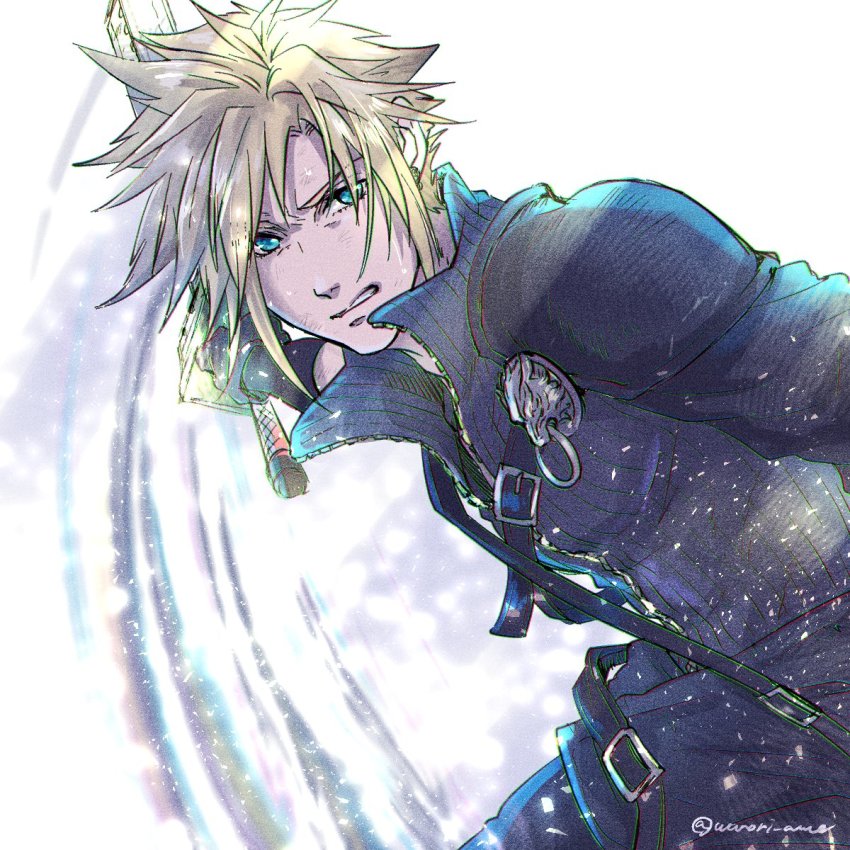 1boy, aqua_eyes, armor, black_gloves, black_shirt, blonde_hair, clenched_teeth, cloud_strife