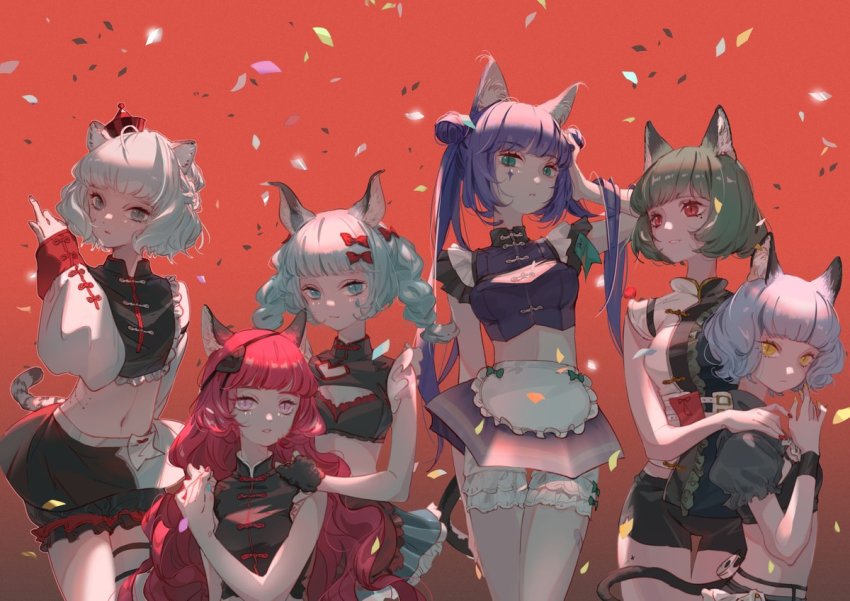 6+girls, ajimita, animal_ears, blue_hair, blunt_bangs, bow, breasts, cat_ears