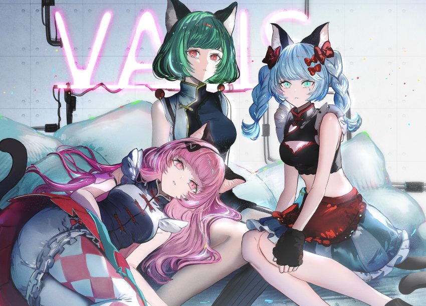 3girls, absurdres, animal_ears, blue_hair, blunt_bangs, bow, braid, breasts