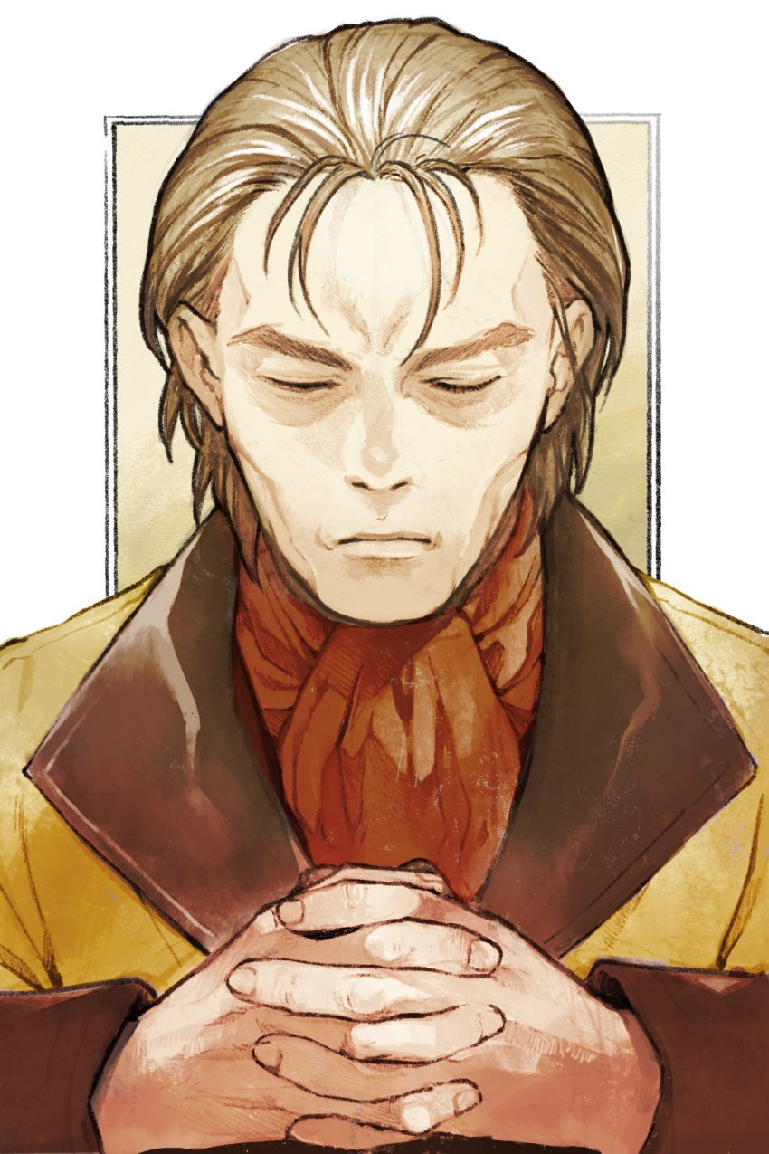 1boy, brown_hair, closed_eyes, closed_mouth, gensou_suikoden, gensou_suikoden_i, highres, interlocked_fingers