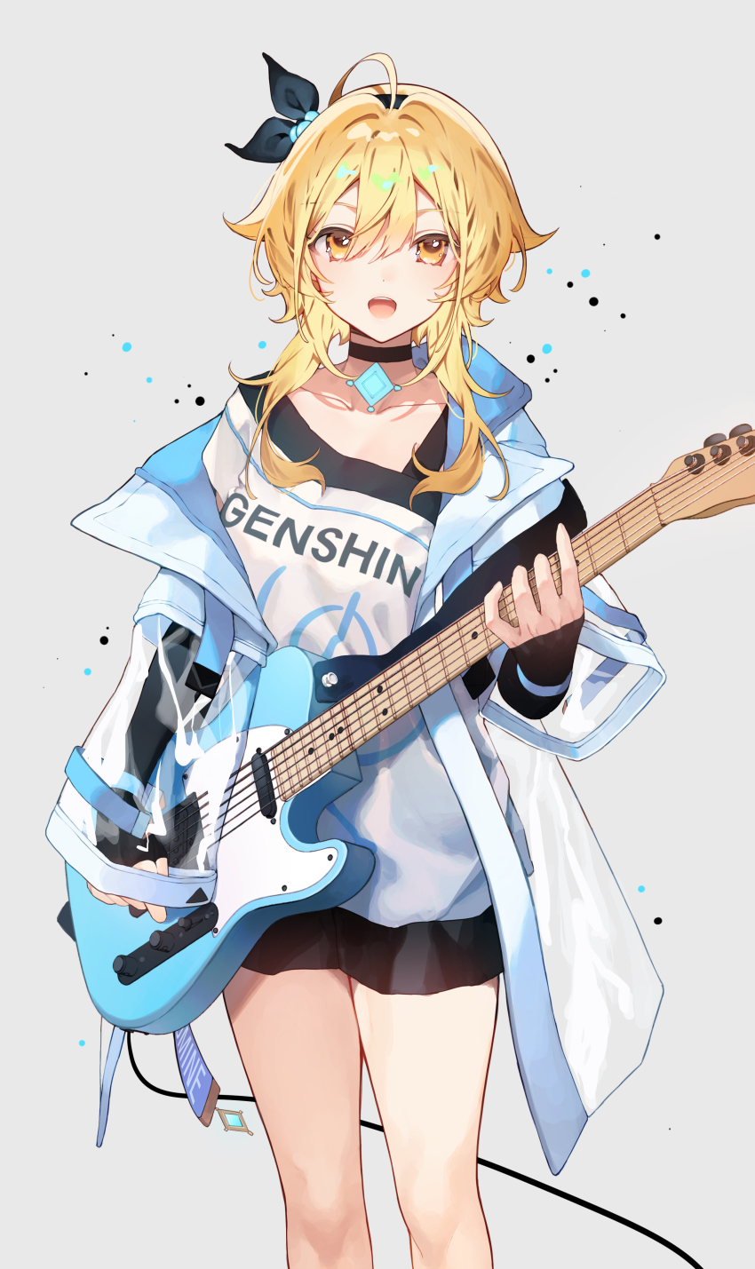1girl, absurdres, black_headband, blonde_hair, bob_cut, choker, copyright_name, electric_guitar