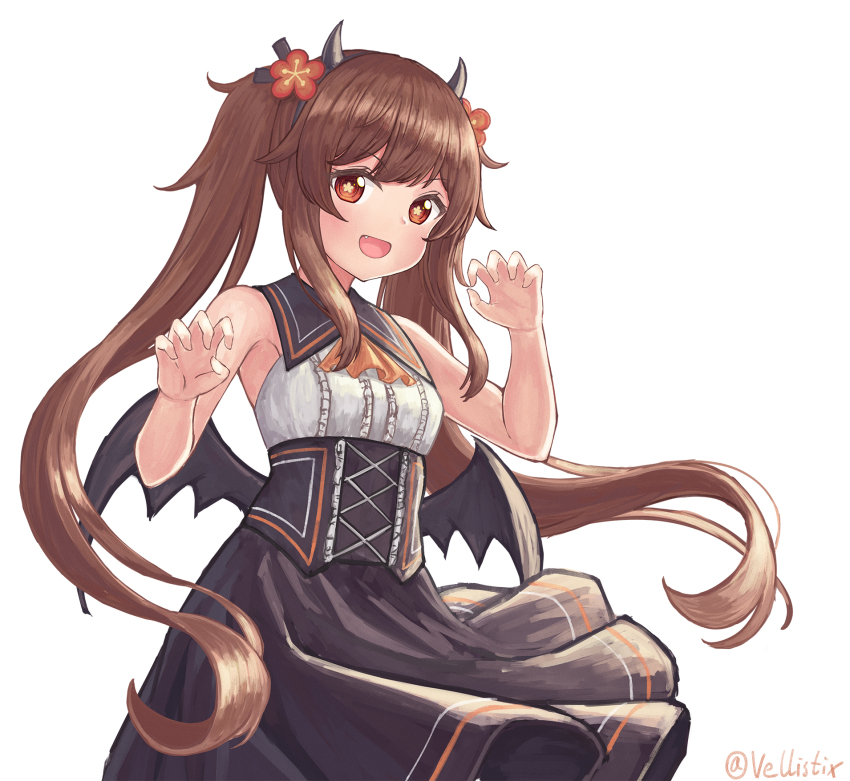 1girl, :d, alternate_costume, ascot, brown_hair, commentary, demon_horns, demon_wings