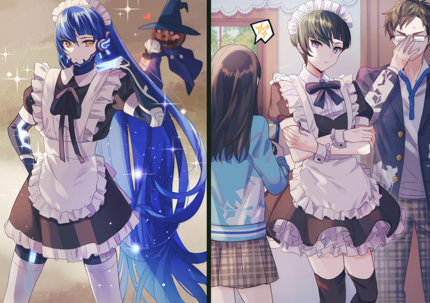 1girl, 2boys, androgynous, aogami_(megami_tensei), apron, black_hair, black_thighhighs, blue_hair, blush, brown_hair, cellphone, crossdressing, demon_(megami_tensei), dress, duplicate, eyelashes, glasses, grey_eyes, hat, heavy_lens_flare, highres, holding, holding_phone, isonokami_tao, jack-o'-lantern, kamadoi, lens_flare, long_hair, looking_at_another, looking_at_viewer, maid, maid_headdress, monster, multiple_boys, necktie, pants, phone, pixel-perfect_duplicate, plaid_clothes, plaid_pants, plaid_skirt, protagonist_(smtv), pumpkin, ribbon, school_uniform, shin_megami_tensei, shin_megami_tensei_v, short_hair, skirt, sparkle, speech_bubble, sweat, sweatdrop, thighhighs, yellow_eyes