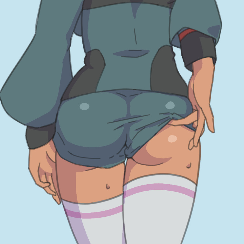 1girl, adjusting_clothes, adjusting_shorts, ass, ass_focus, asticassia_school_uniform, blue_background, dark-skinned_female