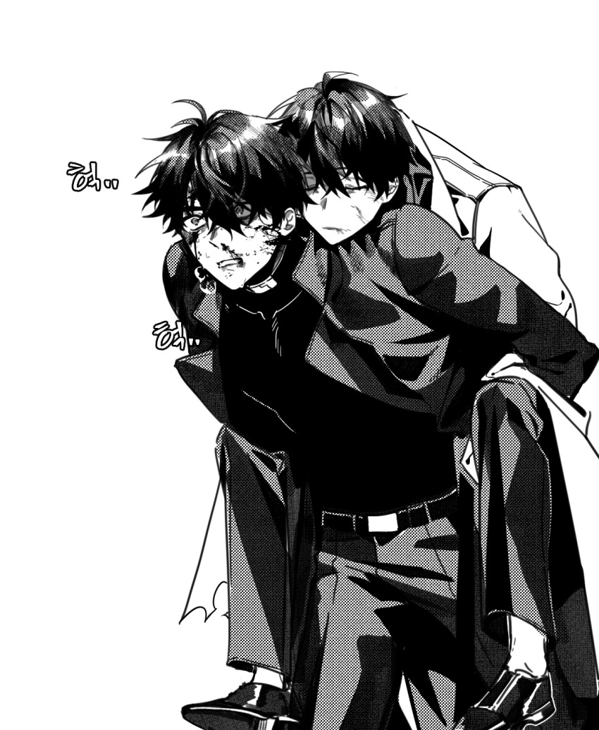 2boys, 999_mandu, belt, blood, blood_on_face, carrying, closed_eyes, closed_mouth