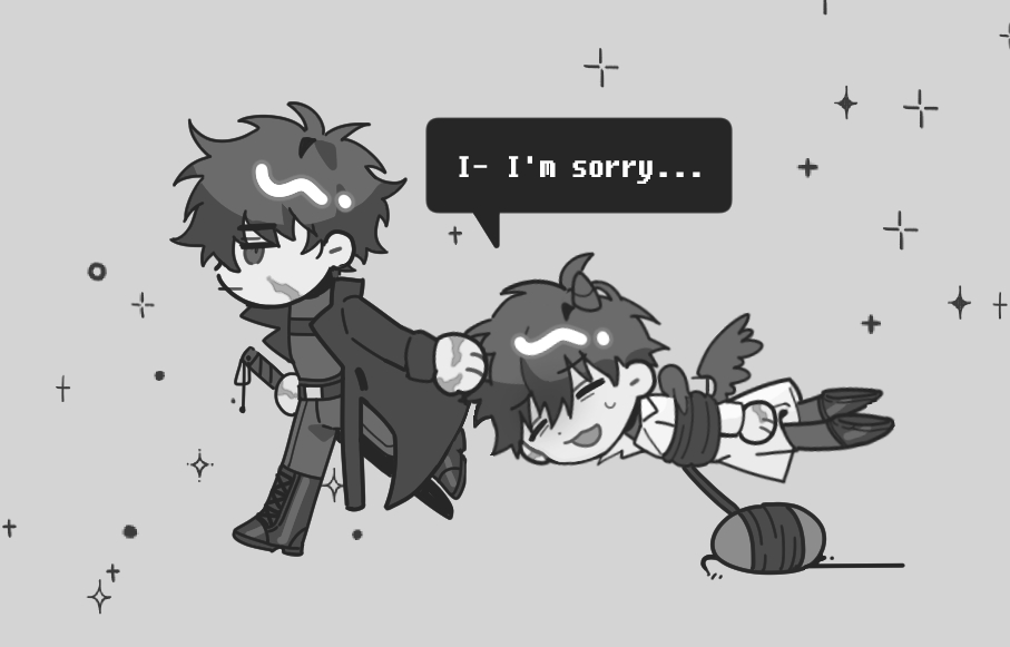 2boys, 999_mandu, boots, bound, chibi, closed_eyes, closed_mouth, commentary