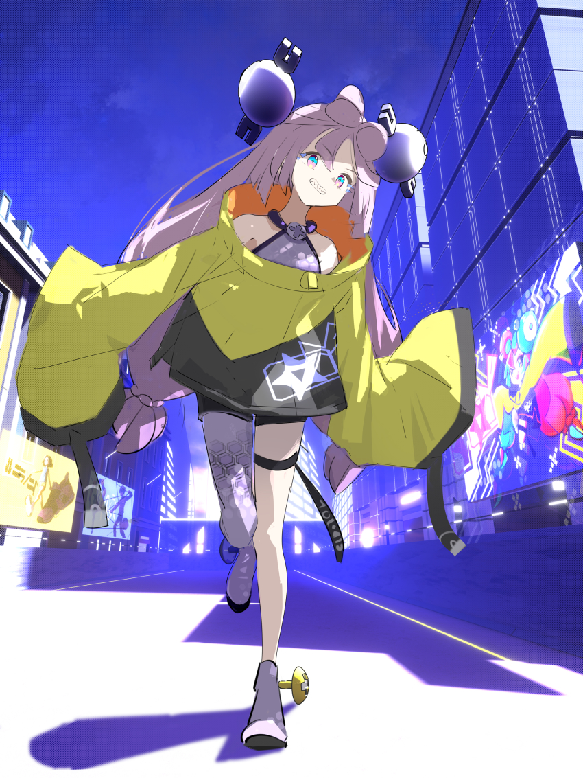 1girl, absurdres, bow-shaped_hair, character_hair_ornament, grey_pantyhose, gurumaruhana, hair_ornament, hexagon_print, highres, iono_(pokemon), jacket, long_hair, long_sleeves, low-tied_long_hair, multicolored_hair, nintendo, oversized_clothes, pantyhose, pokemon, pokemon_scarlet_and_violet, sharp_teeth, single_leg_pantyhose, sleeves_past_fingers, sleeves_past_wrists, solo, split-color_hair, teeth, x_(symbol), yellow_jacket