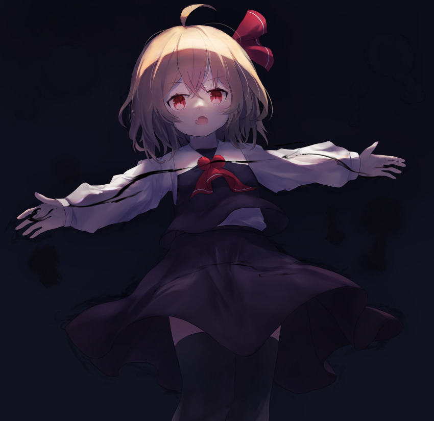 1girl, ar_(maeus), ascot, black_skirt, black_thighhighs, black_vest, blonde_hair, collared_shirt, fang, feet_out_of_frame, hair_between_eyes, hair_ribbon, highres, long_sleeves, open_mouth, red_ascot, red_eyes, red_ribbon, ribbon, rumia, shirt, short_hair, skin_fang, skirt, solo, thighhighs, touhou, vest, white_shirt