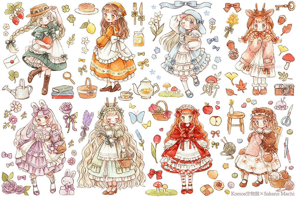 6+girls, acorn, animal_ears, apple, apron, artist_name, autumn_leaves, basket