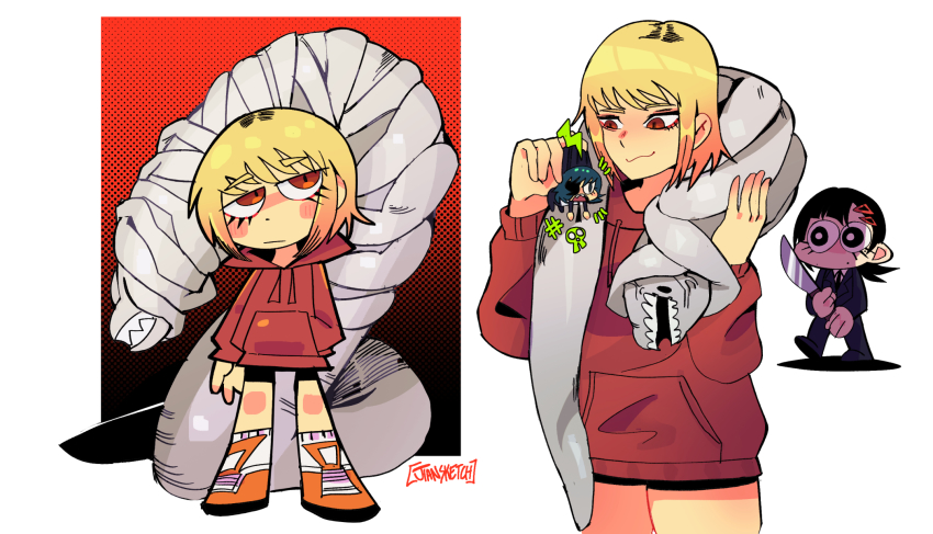 3girls, black_eyes, black_hair, black_necktie, blonde_hair, chainsaw_man, closed_mouth, collared_shirt