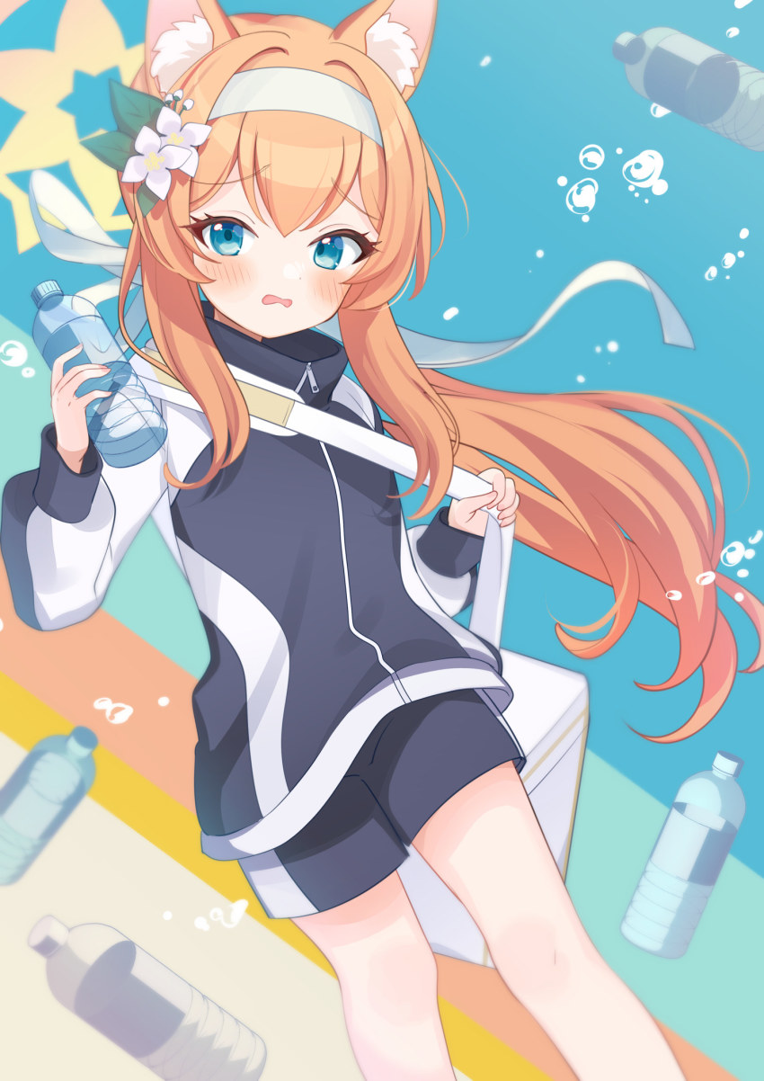 1girl, animal_ear_fluff, animal_ears, bag, black_jacket, black_shorts, blue_archive, blue_eyes