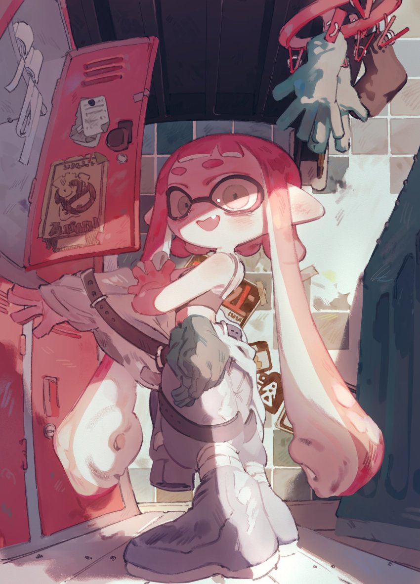0_05kmgrn, 1girl, absurdres, bags_under_eyes, bare_shoulders, blunt_bangs, blush, boots, bruise, changing_clothes, changing_room, clothes_hanger, embarrassed, fang, full_body, gloves, green_gloves, grey_boots, highres, injury, inkling, inkling_girl, inkling_player_character, long_hair, looking_at_viewer, midriff_peek, nervous_smile, nintendo, orange_hair, orange_overalls, overalls, poster_(object), salmon_run_(splatoon), skin_fang, smile, splatoon_(series), splatoon_3, sports_bra, suction_cups, surprised, tentacle_hair, tile_wall, tiles, twintails, undressing, unworn_gloves, very_long_hair