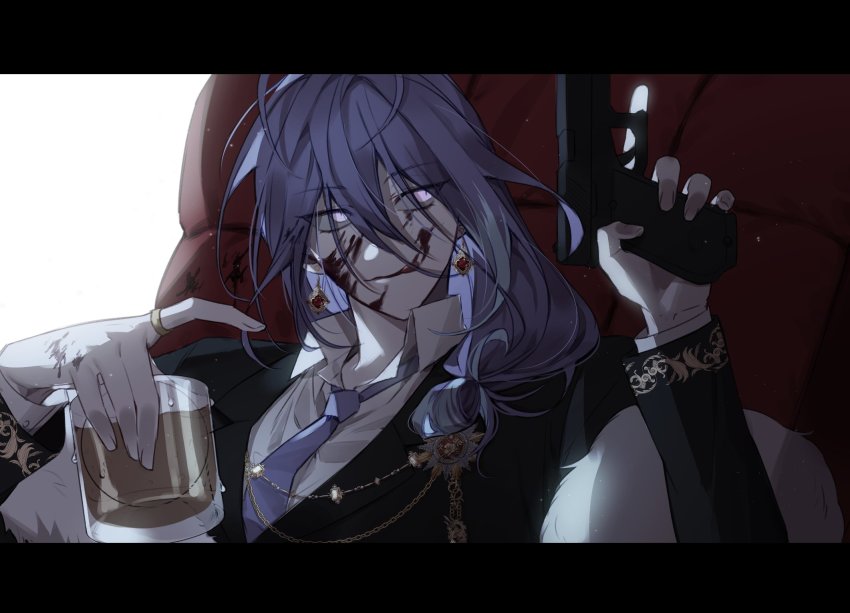 1boy, :q, alternate_costume, black_jacket, blood, blood_on_face, blood_on_hands, chair