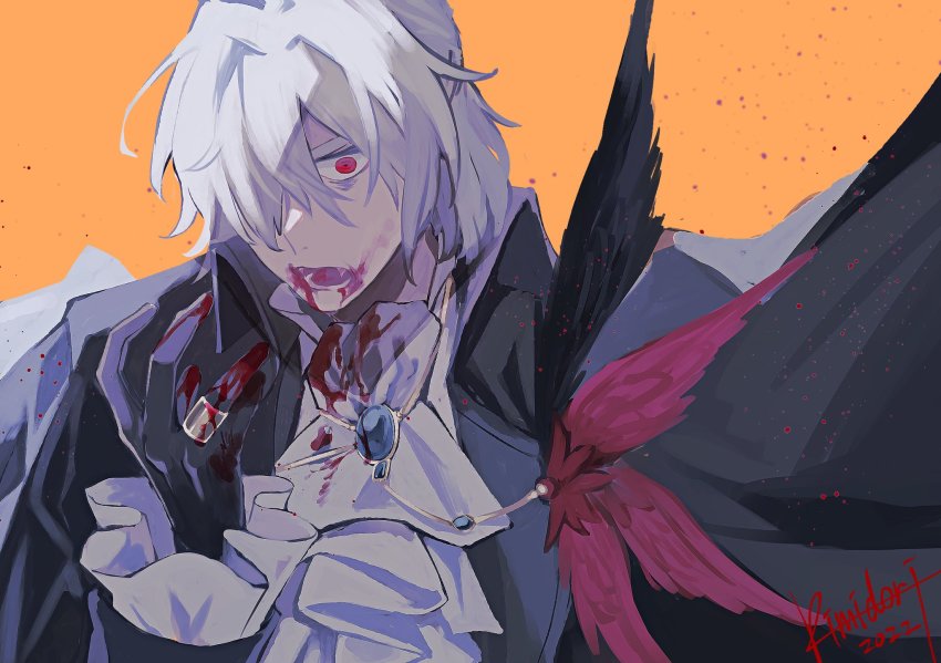 1boy, antonio_salieri_(fate), antonio_salieri_(masquerade_of_the_vampire)_(fate), antonio_salieri_(second_ascension)_(fate), ascot, black_coat, black_gloves, blood