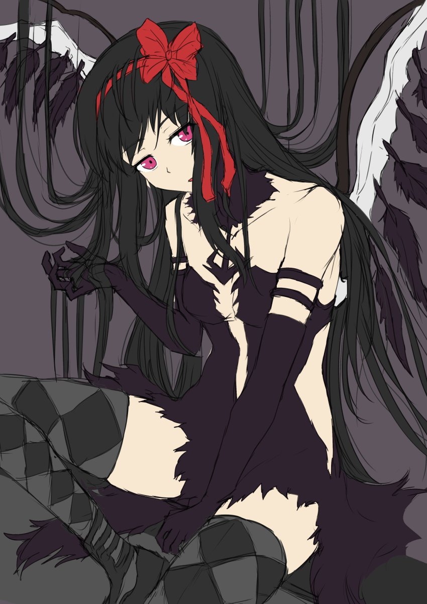 1girl, akemi_homura, akuma_homura, argyle_clothes, argyle_thighhighs, black_gloves, black_hair, black_wings, bow, collar, crossed_legs, dress, elbow_gloves, feathered_wings, feathers, flat_color, gkgk2gk22, gloves, grey_background, hair_bow, highres, holding, holding_own_hair, long_hair, looking_at_viewer, mahou_shoujo_madoka_magica, mahou_shoujo_madoka_magica:_hangyaku_no_monogatari, red_bow, simple_background, sitting, solo, thighhighs, very_long_hair, wings
