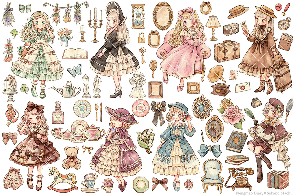 6+girls, absurdly_detailed_composition, adjusting_clothes, adjusting_headwear, angel, angel_wings, ankle_boots, antique_phone, bag, barley, birdcage, black_bow, black_dress, black_footwear, black_headwear, black_ribbon, black_socks, blonde_hair, blue_bow, blue_dress, blue_eyes, blue_flower, blue_footwear, blue_headwear, blue_ribbon, blush, book, book_on_lap, book_stack, boots, bottle, bouquet, bow, briefcase, brooch, brown_bag, brown_bow, brown_dress, brown_footwear, brown_headwear, brown_ribbon, bug, butterfly, cage, camera, candle, candlestand, chair, chess_piece, closed_eyes, clothing_request, clover, clutch_purse, compass, copyright_notice, cotton_ball, couch, cup, curly_hair, diary, doll, dress, drill_hair, drinking, flower, flower_request, fork, frilled_dress, frilled_sleeves, frilled_socks, frills, gem, glass_bottle, green_bow, green_dress, green_ribbon, grey_hair, hair_bow, hand_in_own_hair, hand_rest, handbag, hat, heart, high_heels, holding, holding_book, holding_cup, holding_map, holding_quill, holding_saucer, holding_stuffed_toy, holding_suitcase, hourglass, ink, inkwell, insect, jewelry, juliet_sleeves, key, knife, knight_(chess), lampshade, leaf, letter, light_brown_hair, lock, lolita_fashion, long_dress, long_hair, long_sleeves, looking_at_object, looking_back, map, mirror, multiple_girls, octagon, official_art, one_eye_closed, open_book, orange_flower, orange_rose, original, padlock, painting_(medium), pearl_(gemstone), pen, perfume_(cosmetics), perfume_bottle, phone, phonograph, picture_frame, pink_bow, pink_dress, pink_flower, pink_rose, plate, porcelain, postage_stamp, praying, puffy_sleeves, purple_dress, purple_footwear, purple_gem, purple_ribbon, queen_(chess), quill, ribbon, ring, robe, rocking_horse, rolling_suitcase, rose, rubbing_eyes, sakano_machi, saucer, simple_background, single_sidelock, sitting, sleeve_cuffs, sleeves_past_wrists, socks, strap, stuffed_animal, stuffed_toy, suitcase, sweet_lolita, teacup, teddy_bear, too_many_bows, traditional_media, two-tone_dress, unworn_headwear, wallet, watercolor_(medium), watering_can, white_background, white_flower, white_hair, white_robe, white_socks, wings, yellow_flower, yellow_ribbon, yellow_rose